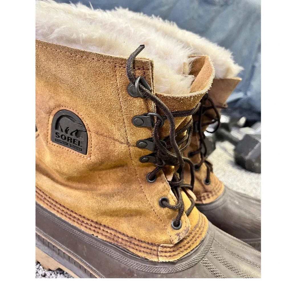 Vintage Sorel Caribou Mens 11 Winter Snow Boots Tan Suede Made Canada Waterproof